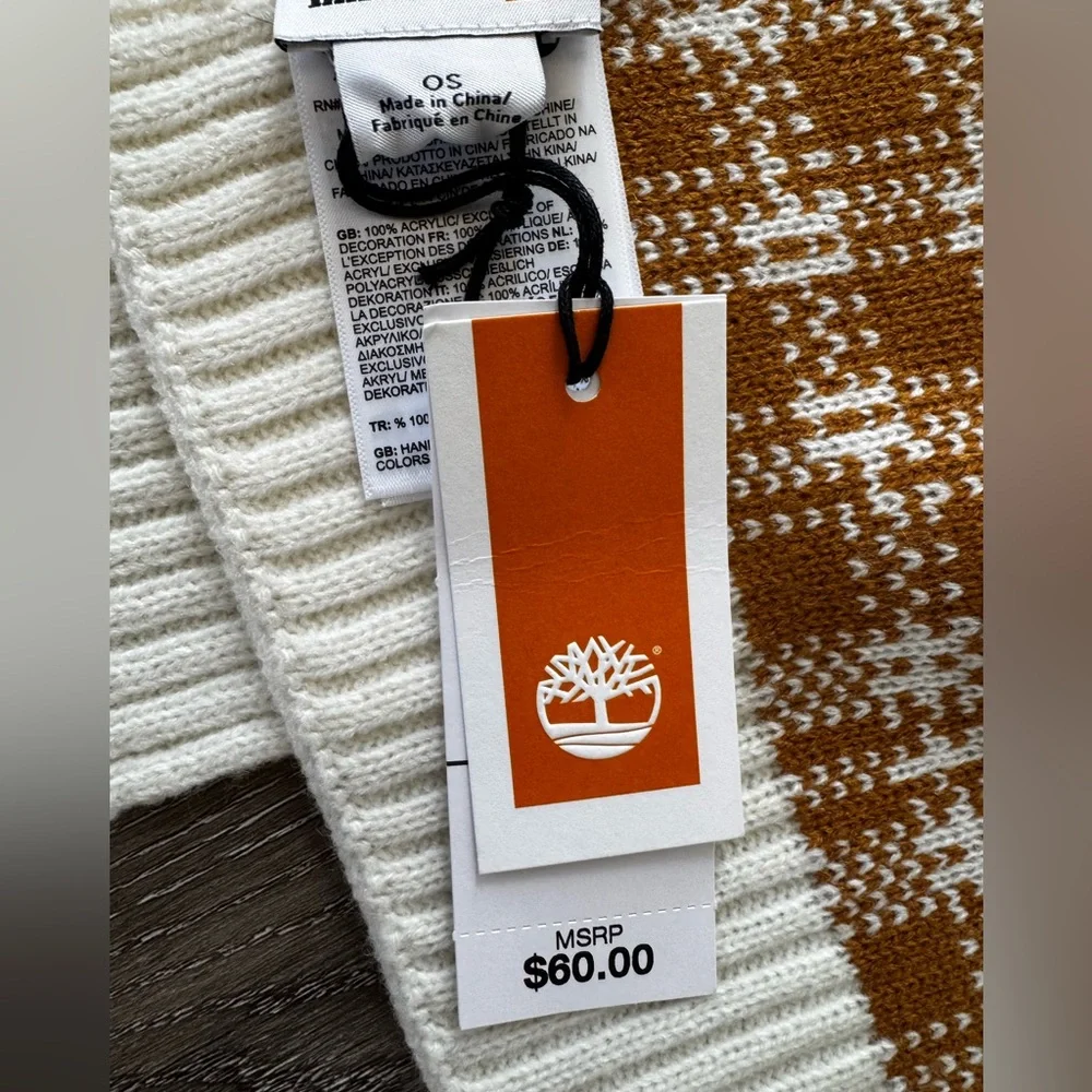 NWT Timberland Tan Buffalo Plaid Scarf 64x10 Adult Size Brown Check Winter Warm